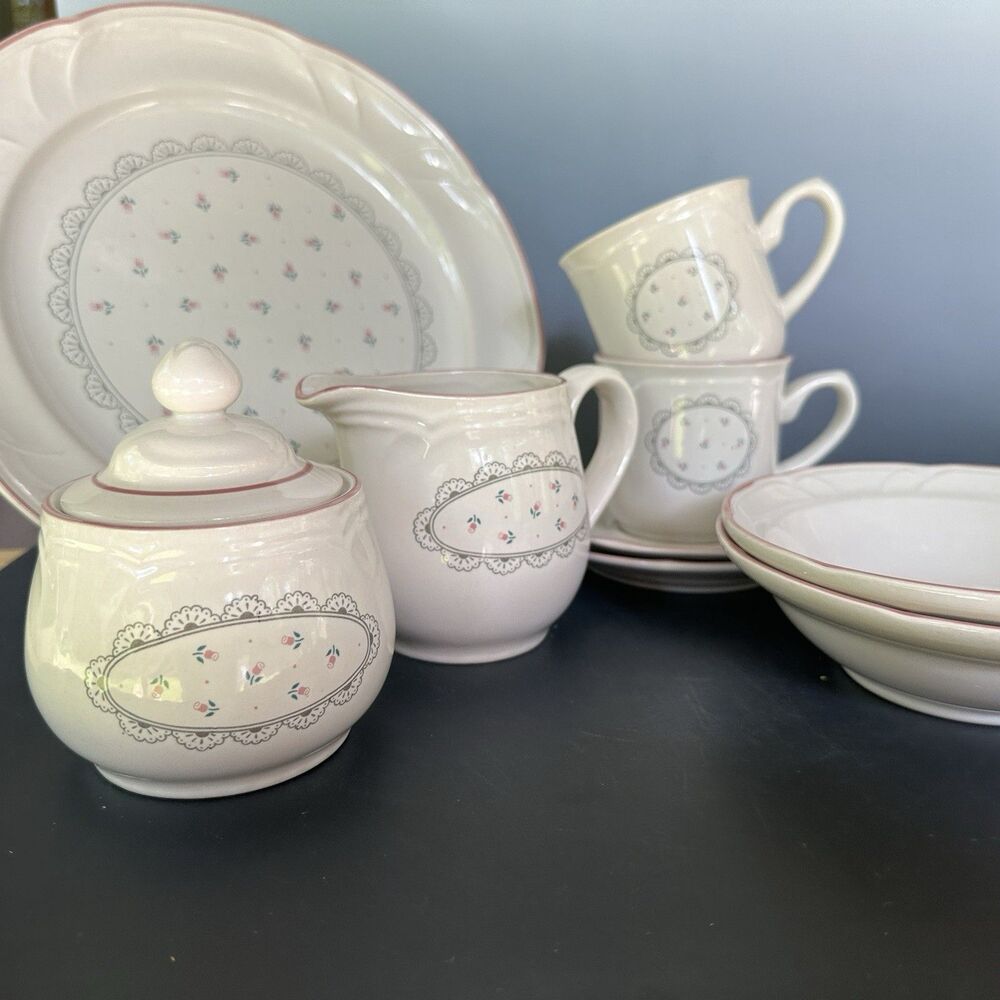 Vintage Victoriana Japan 1988 Stoneware Set - 9 Pcs - Pink Rose & Grey Lace